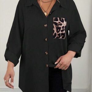 SHEIN Black Button Down Shirt with Leopard Pocket